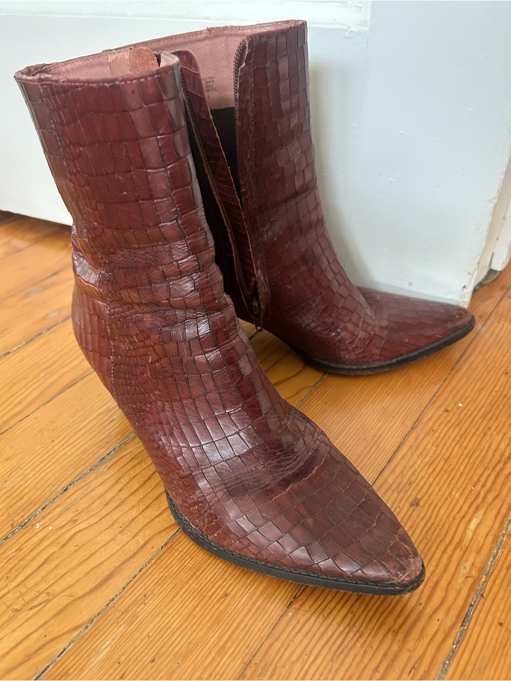 Matisse Burgundy Croc-Embossed Pointed Toe Ankle Boots